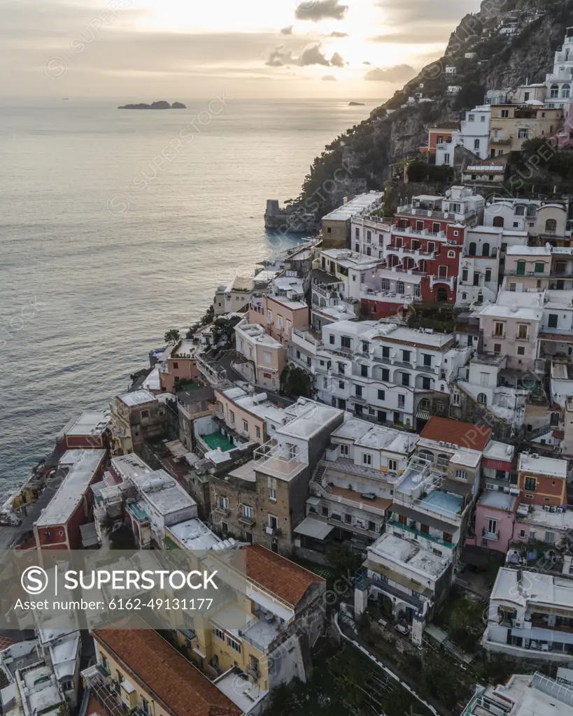 Aerial view of Positano with colourful rooftop along the Amalfi coast, Salerno, Italy.