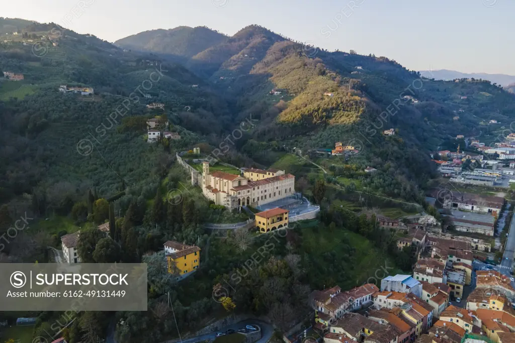 Aerial view of Nazareth House on the mountain in Pescia, Pistoia, Tuscany, Italy.