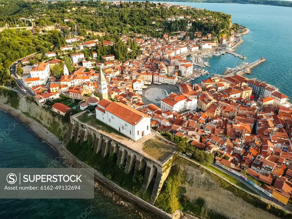 Aerial view of a city on the shore of the coast, Piran, Slovenia