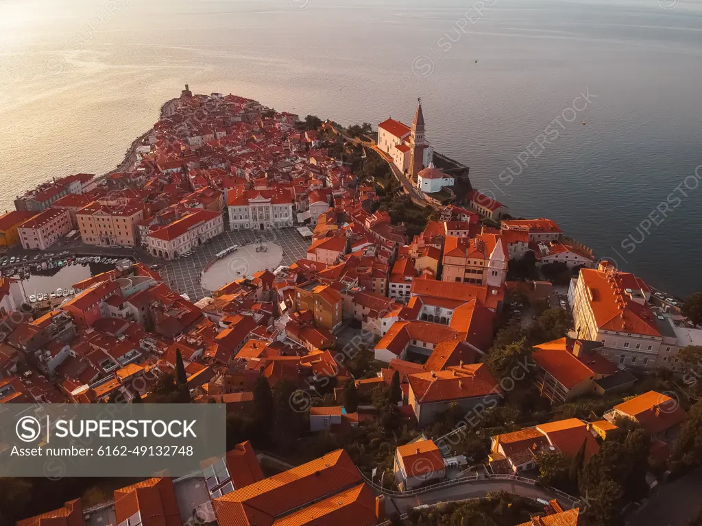 Aerial view of a city on the shore of the coast, Piran, Slovenia