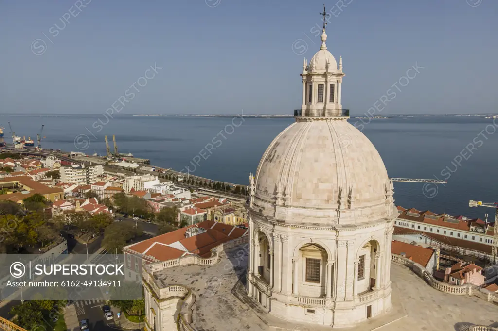 Lisbon, Portugal - 28 March 2021: Aerial view of Panteao Nacional, the National Pantheon is a celebrity tombs in a 17th-century church, Lisbon, Portugal.