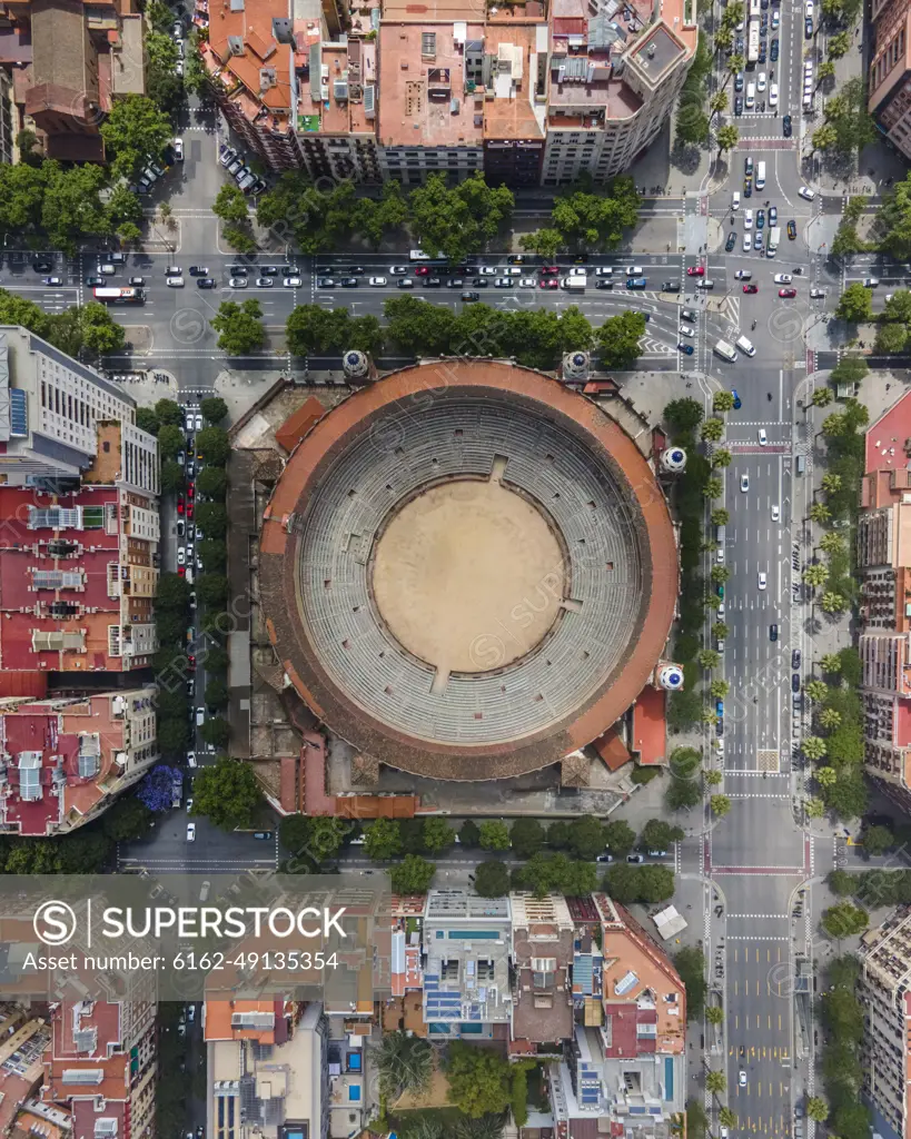 Aerial view of La Monumental, an historical bullring in Barcelona downtown, Catalunya, Spain.