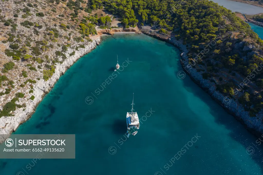 Aerial view of boats on the shore of the bay in Saronic Gulf, Greece