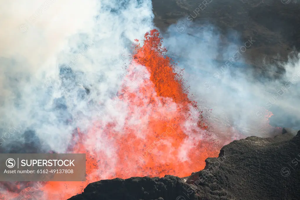 Aerial view of spewing lava during the largest volcanic eruption in Iceland since 1784, photographed in September 2014 from a helicopter, Holuhraun, highlands of Iceland