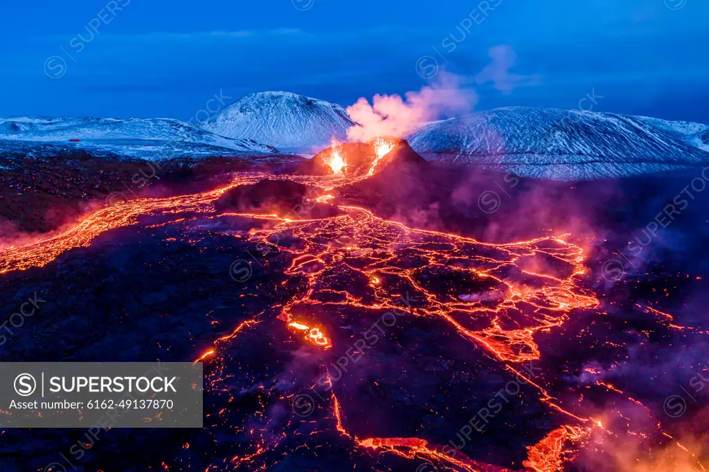 Aerial view of the recent active volcano in the Geldingadalir valley at Fagradalsfjalli mountain, Reykjanes Peninsula, Iceland.