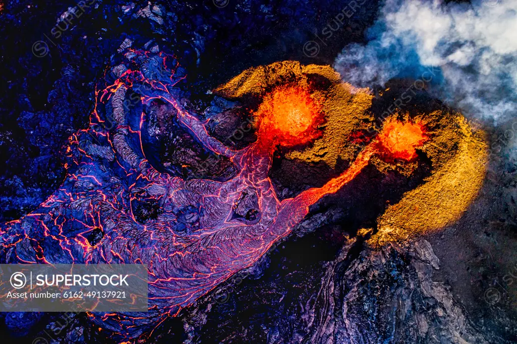 Aerial view of the recent active volcano in the Geldingadalir valley at Fagradalsfjalli mountain, Reykjanes Peninsula, Iceland.