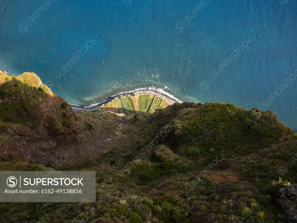 Aerial view of plantation along the coastline with cliffs, Madeira Island, Portugal..