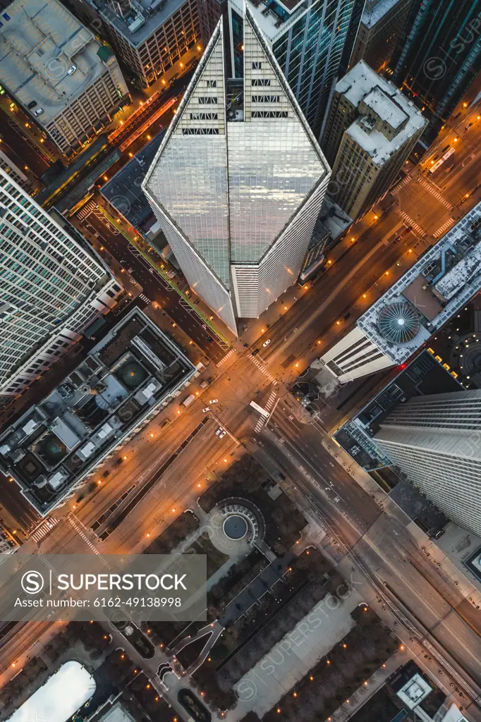 Aerial view above of empty streets due to the corona virus pandemic at Chicago, United States.