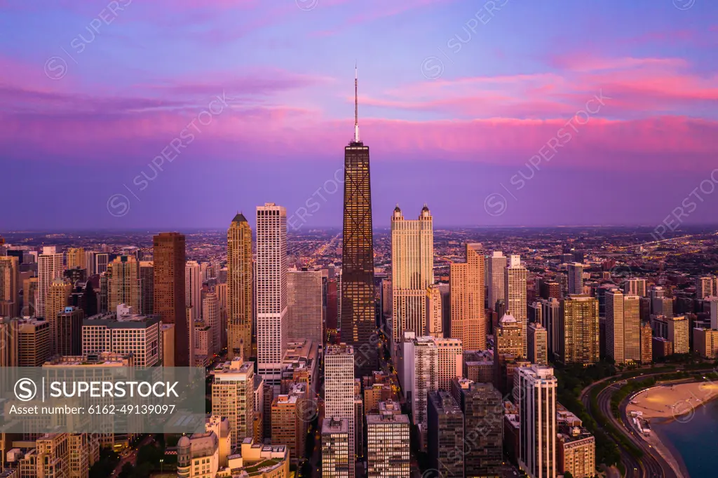 Aerial view of Chicago skyscraper during the sunset, United States.