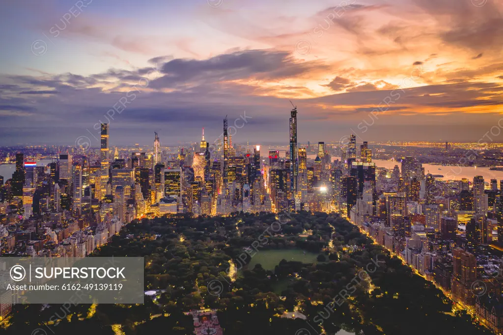 Aerial view above the central park in New York during the sunset, United States.