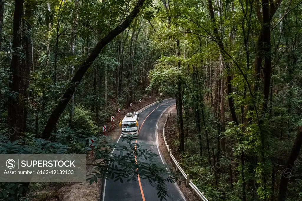 BOHOL, THE PHILIPPINES - 24 JANUARY 2020: Aerial view of transport van in Bilar manmade Forest.