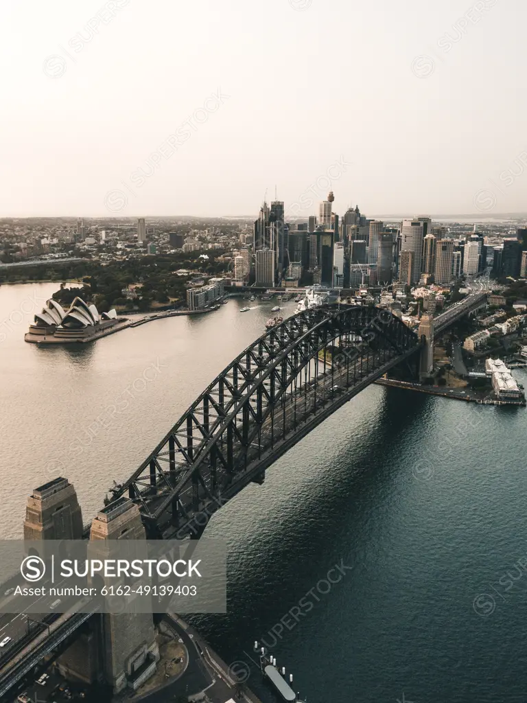 Aerial View of the Harbour Bridge in Sydney during a sunrise