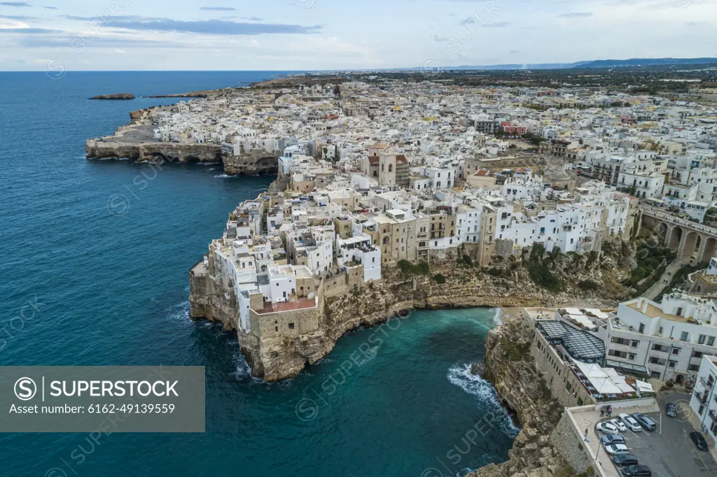 Panoramic aerial view of Polignano a Mare at sunset, Bari, Italy.