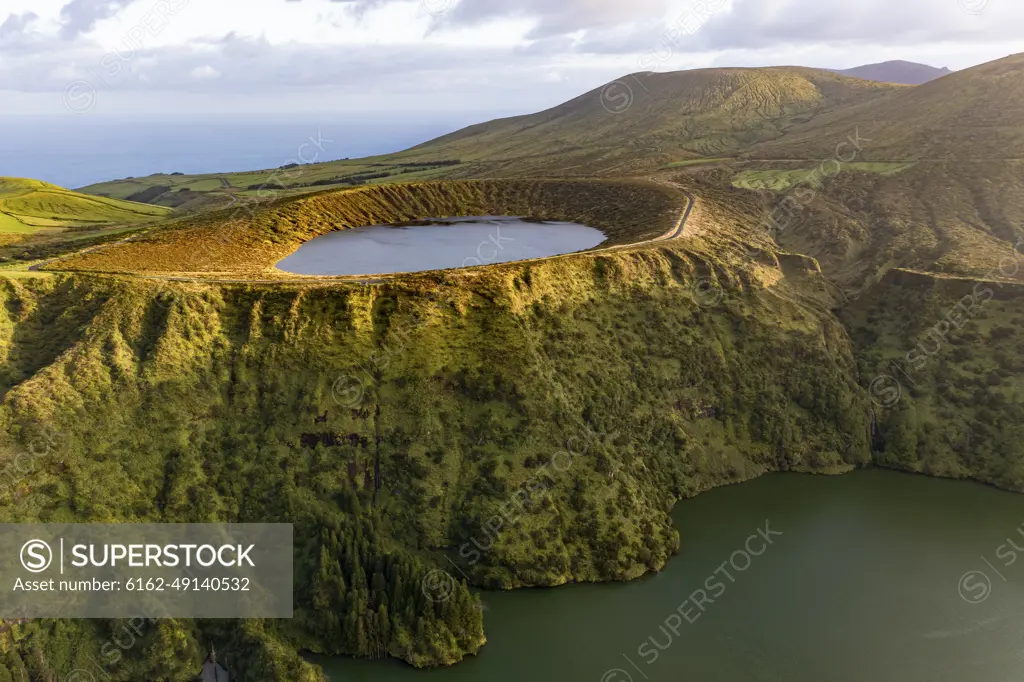 Aerial view of crater lake Rasa at sunrise, Flores, Azores, Portugal.