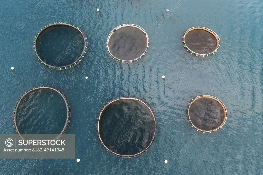 Aerial drone view of a fishing farm, Mahebourg, Mauritius, Indian Ocean.