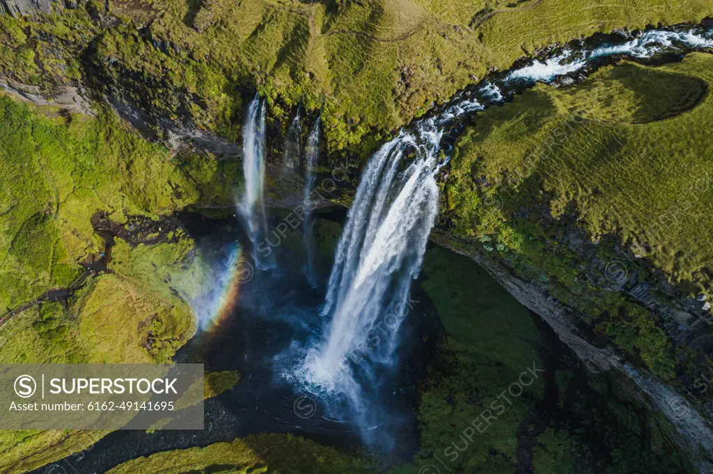 Aerial view of Seljalandsfoss waterfall in Iceland