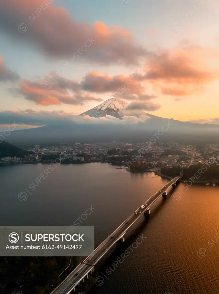 Aerial  view of Mount Fuji and Kawaguchi Lake at sunset, Fujikawaguchiko, Minamitsuru, YamanashiJapan