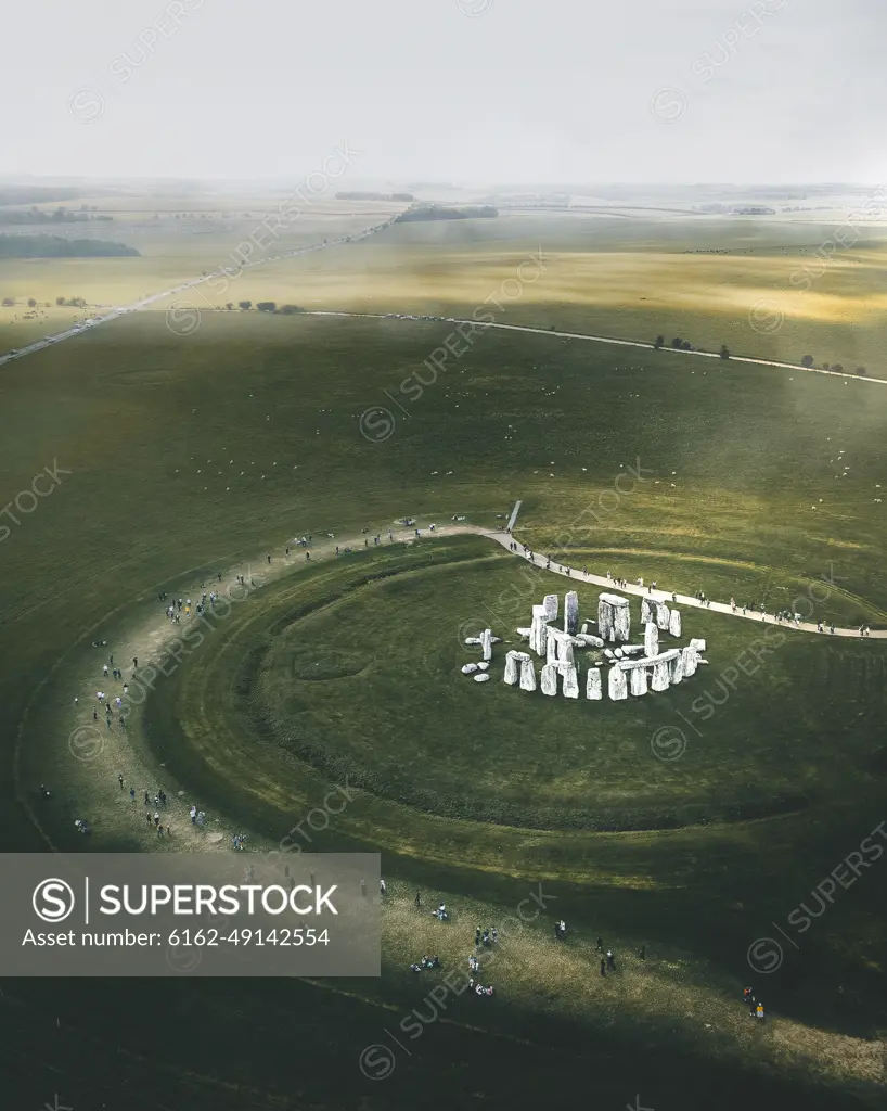 Aerial view of Stonehenge, a legendary neolithic monument in Salisbury, United Kingdom.