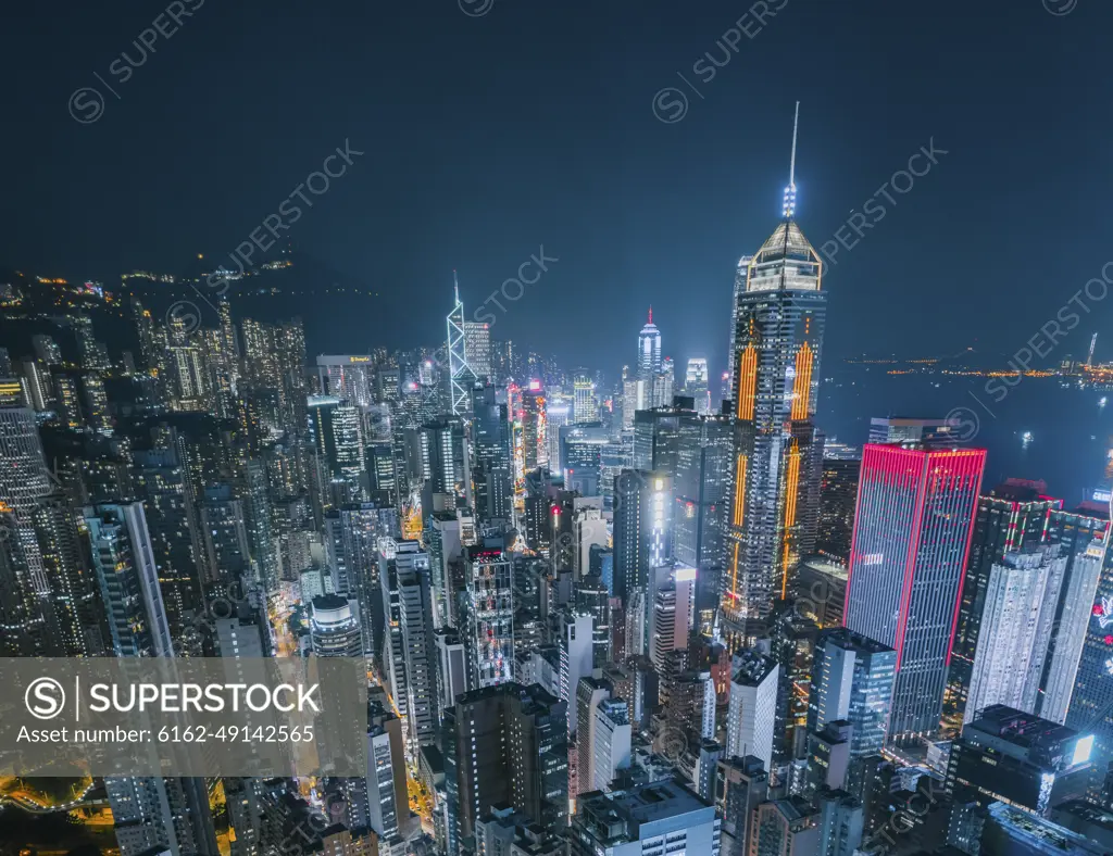 Aerial view of Central area at night on Hong Kong Island.