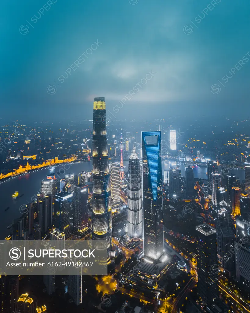 Aerial view of rainy Lujiazui area at night, Shanghai, China