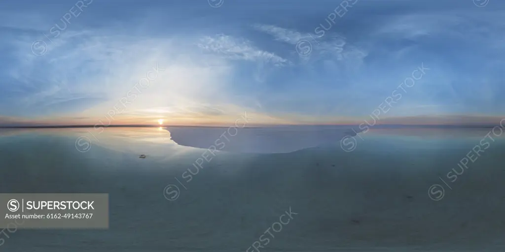 Panoramic aerial view of the Elton Salt Lake (Ozero El Ton) in Volgograd province, Russia.