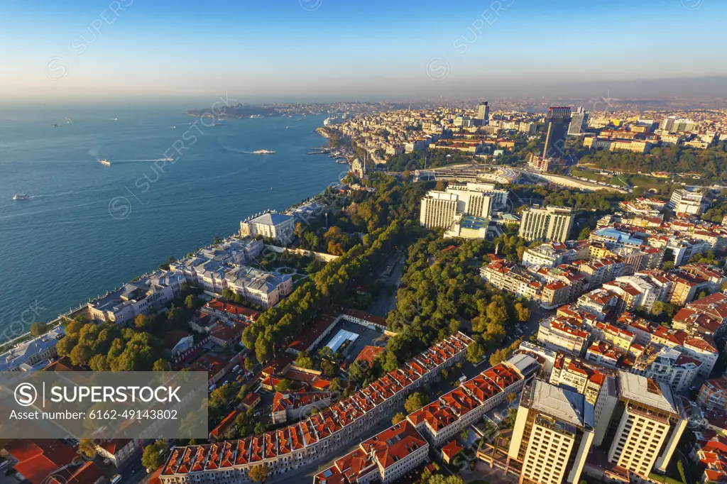 Aerial view of Dolmabahce Palace and Besiktas area, Istanbul, Turkey.