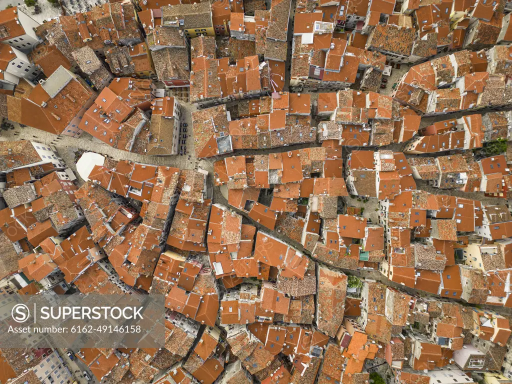 Aerial view of Rovinj, a characteristic small town with red rooftop, Istria, Croatia.