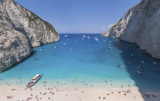 Panoramic aerial view of tourist on the beach on Zakinthos island, Greece.