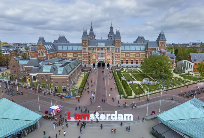 Amsterdam, Netherlands - 15 April 2014: Panoramic aerial view of the Rijksmuseum in Amsterdam.