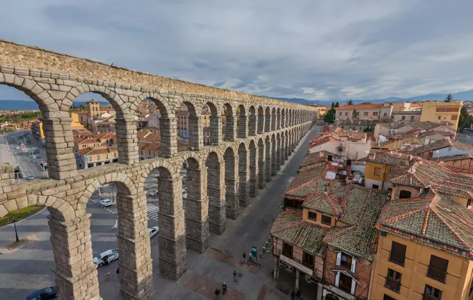 Aerial view of the Aqueduct of Segovia, Spain