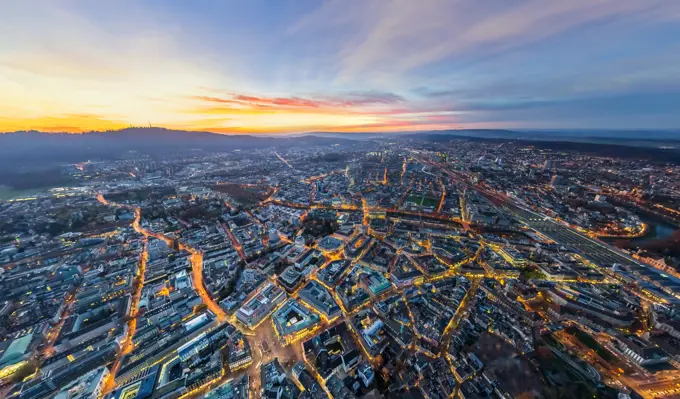 Aerial view of the city of Zurich at night, Switzerland