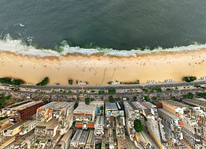 Aerial view of Copacabana beach shore, Rio de Janeiro, Brazil