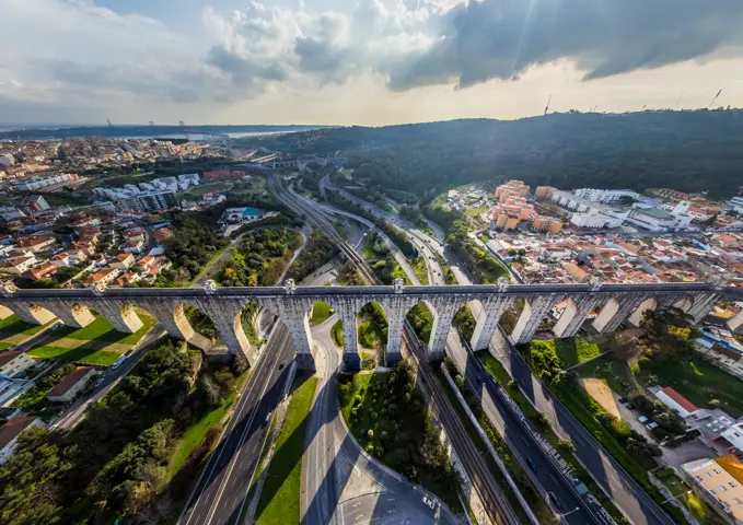 Panoramic aerial view of the Águas Livres Aqueduct, Lisbon, Portugal.