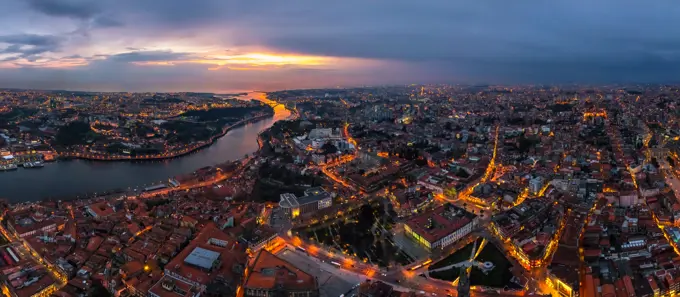 Panoramic aerial view of Porto cityscape during night, Portugal