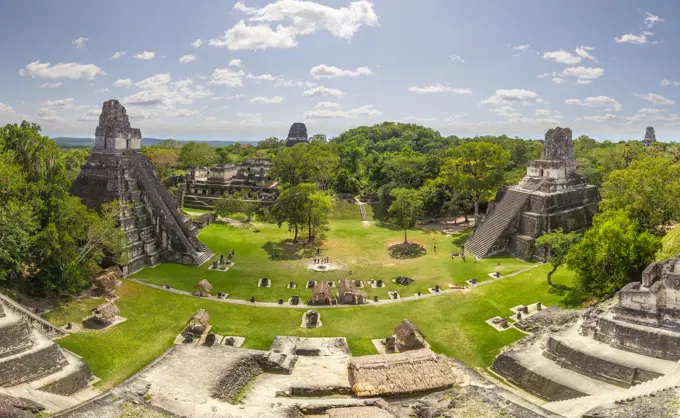 Aerial view of Maya Pyramids, Tikal, Guatemala