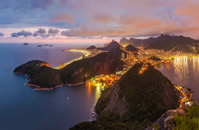 Panoramic aerial view of Rio de Janeiro during the night, Brazil