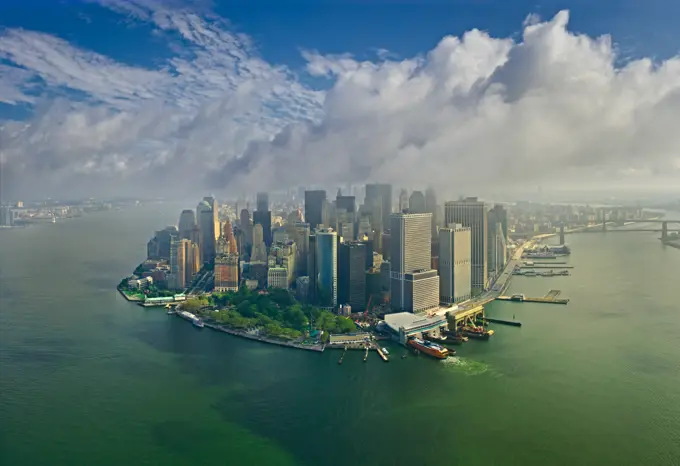 Aerial view of Hudson river in Manhattan during cloudy day, New York, USA