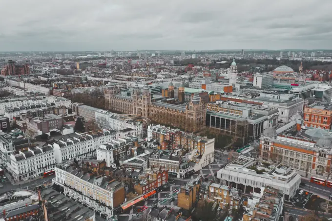 Aerial view of the Natural History Museum Ice Rink, with colourful roofs in London