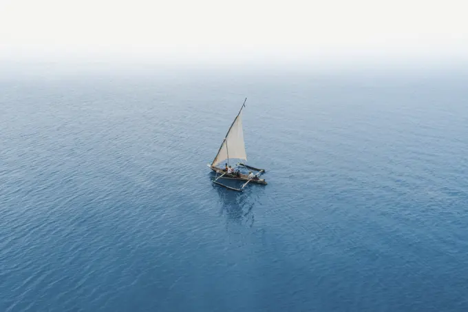 Aerial view of sailing boat near Diani Beach, Kenya.