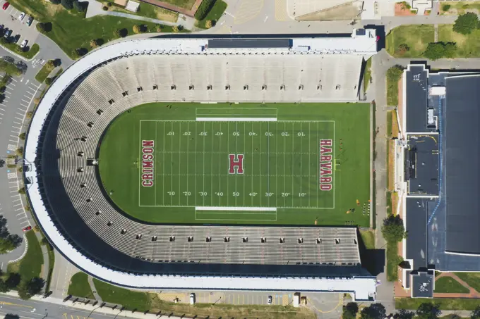 Harvard, USA - 03 September 2022: Aerial view of Harvard's football stadium.