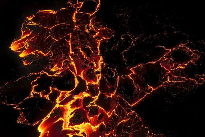 Aerial view of the lava from Geldingadalir Volcano during an eruption, Southern Peninsula Region, Iceland.