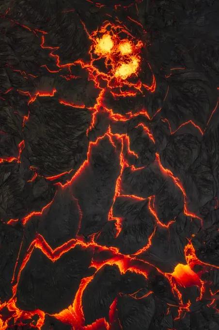 Aerial view of the lava from Geldingadalir Volcano during an eruption, Southern Peninsula Region, Iceland.