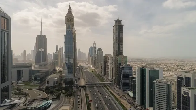 Aerial view of skyscrapers in Dubai, United Arab Emirates.