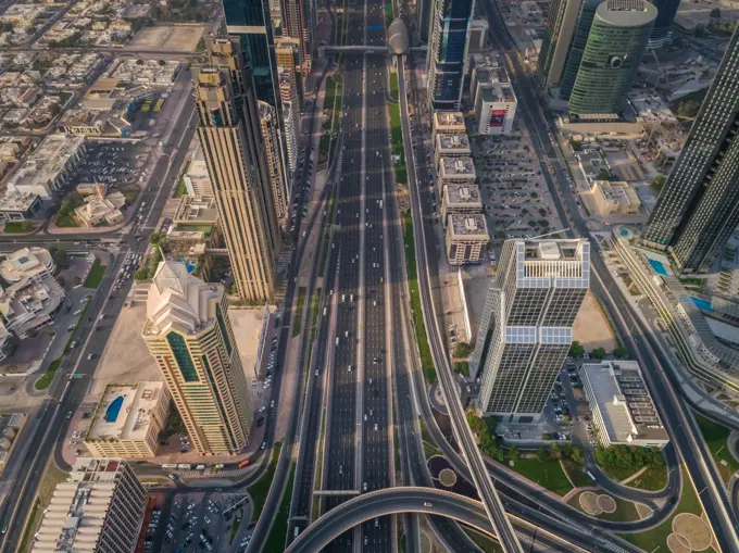 Aerial view of the traffic lanes and Skyscrapers in Dubai, U.A.E.