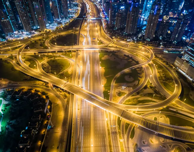 Aerial view of the traffic at night in Dubai, U.A.E.