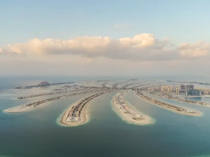 Aerial view of The Palm Jumeirah in Dubai, United Arab Emirates.