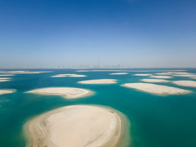 Aerial view of The World Islands in Dubai, United Arab Emirates.