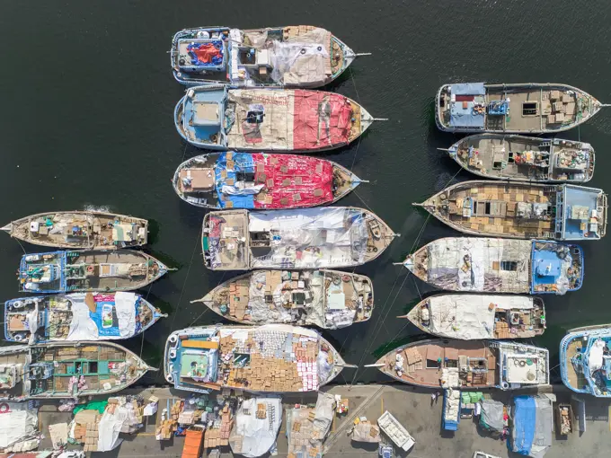 Aerial view of The Dubai Dhow Wharfage harbour in United Arab Emirates.