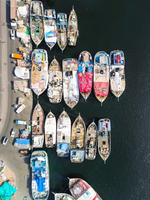 Aerial view of The Dubai Dhow Wharfage harbour in United Arab Emirates.