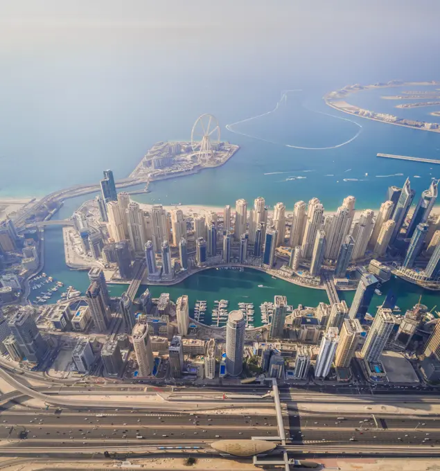 Aerial view of Dubai Marina and Bluewaters island in Dubai, U.A.E.